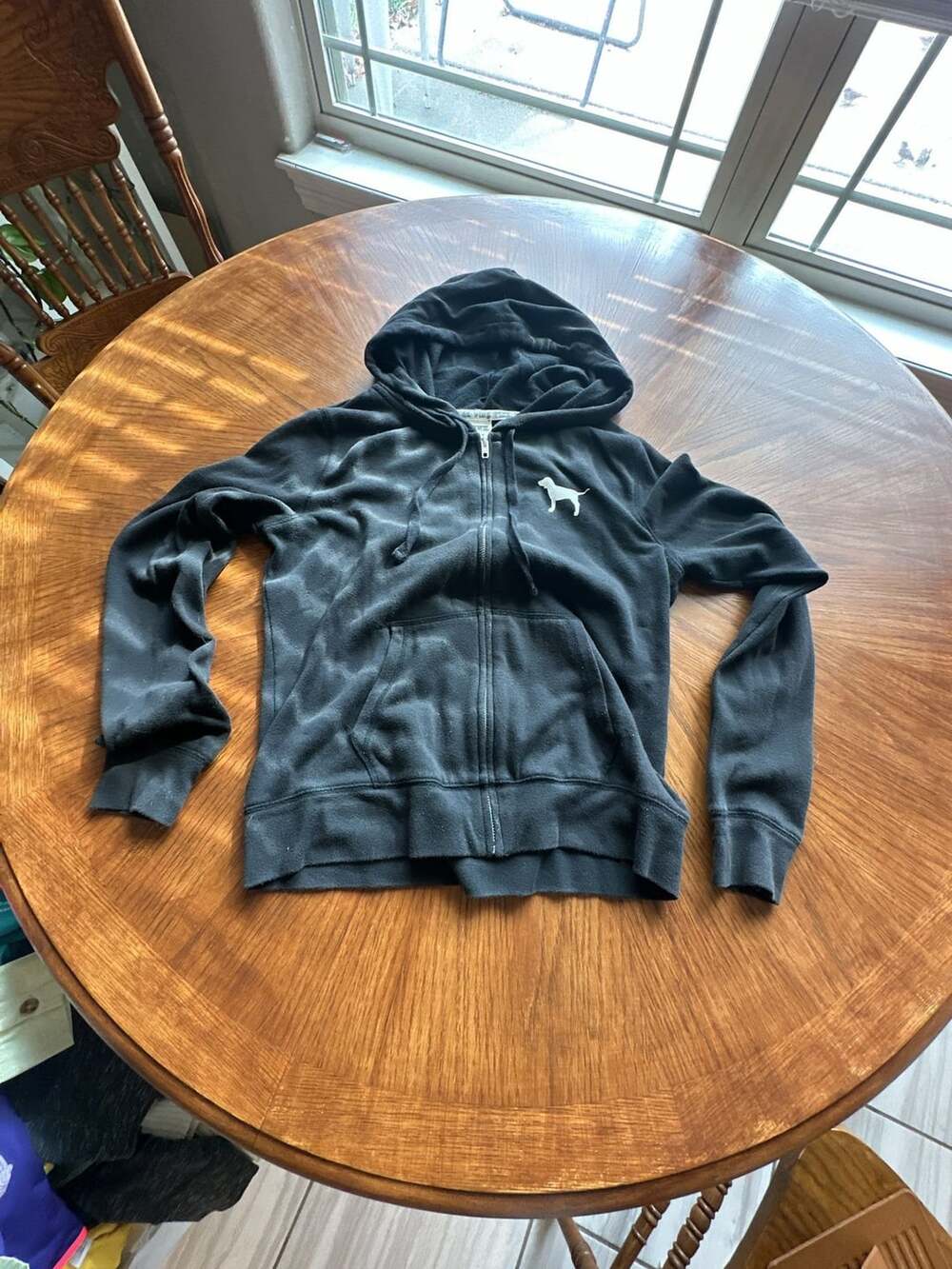 Victoria's Secret PINK Black Zip Up Hoodie With Dog Logo And Script Back